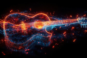 vibrant digital guitar illustration sound waves emanating abstract musical notes dynamic colors fluid shapes merging of art and technology