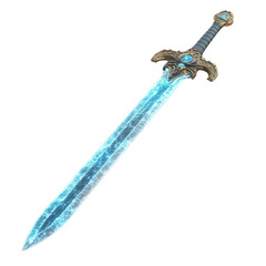 A beautifully designed fantasy sword with a shimmering blue blade and ornate hilt, transparent background