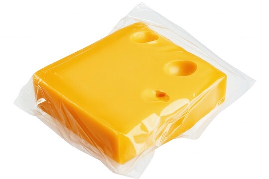 A block of yellow cheese, packaged and ready for culinary use, transparent background