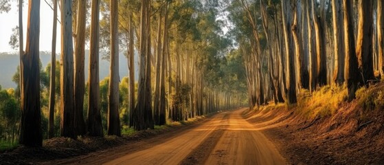 A serene dirt road through a tall forest with sunlight filtering through the trees.