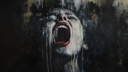 A passionate portrait of a woman screaming in an oil painting artistic style representing anguish and anxiety