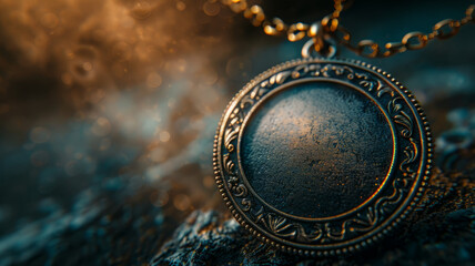 Close-up of a vintage ornate pendant on a chain.