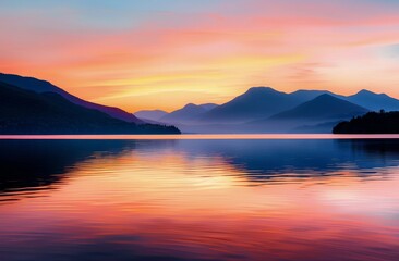 Fototapeta premium Vibrant Sunset Over Serene Lake Surrounded by Mountains