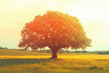 A lone tree stands in a sunlit field during a beautiful sunset, rendering a serene and warm atmosphere.