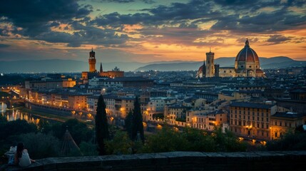 Fototapeta premium A breathtaking view of Florence, Italy, during sunset. The city skyline, with its towering buildings and the iconic Florence Cathedral, stands out against the backdrop of the setting sun.