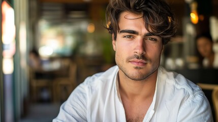 Obraz premium A man with tousled hair and a contemplative expression sitting indoors at a cafe, surrounded by a modern and comfortable setting.