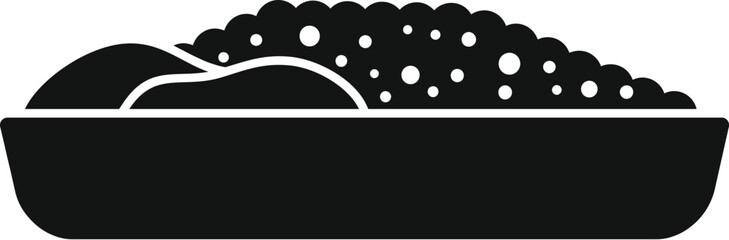 Simple black and white vector icon of a tray containing caviar and garnish