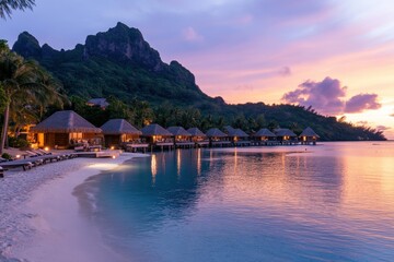 Obraz premium An enchanting sunset view overwater bungalows at a tropical resort, casting a golden glow on the calm ocean waters, representing serenity and luxury in a paradise setting.