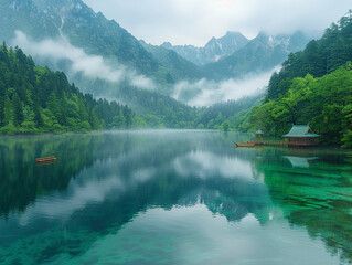 Naklejka premium serene mountain lake at dawn with mist over crystal-clear waters