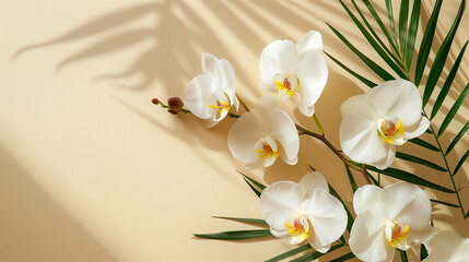 Fototapeta premium branch of white orchids and a lush palm leaf against a soft, neutral background. Perfect for beauty, spa, and wellness-themed projects.