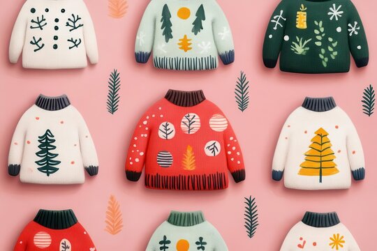 Christmas sweater flat design top view Christmas theme watercolor colored pastel