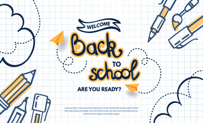 Welcome back to school web banner. Doodle creative poster with back to school lettering logo, paper planes, hand drawn clouds and school supplies. Checkered notebook background, education concept © v1ra