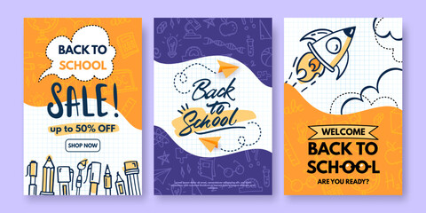 Vector set of back to school banners, flyers. Colorful posters with doodle drawings of school supplies, paper planes and clouds. Back to school sale web ad banner, cover templates, education concept
