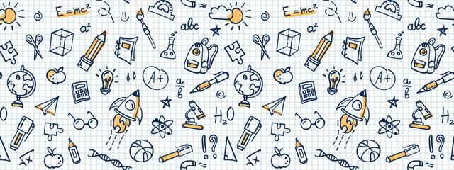 Seamless doodle back to school pattern, vector background. Hand drawn school supplies and creative elements on checkered background, school notebook. Texture for wallpaper, background, fabric.