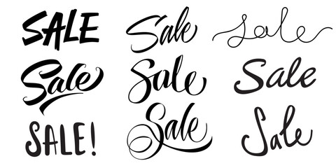 Vector set of handwritten sale signs, logos inscriptions. Isolated hand lettering text elements. Brush calligraphing for marketing banners, posters, promotions