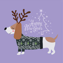 Cute dachshund dog illustration.Cartoon dachshunds in christmas day,Cartoon happy dachshund,Flat vector illustration for prints, clothing, packaging and postcards, cute dog, christmas day.New year art
