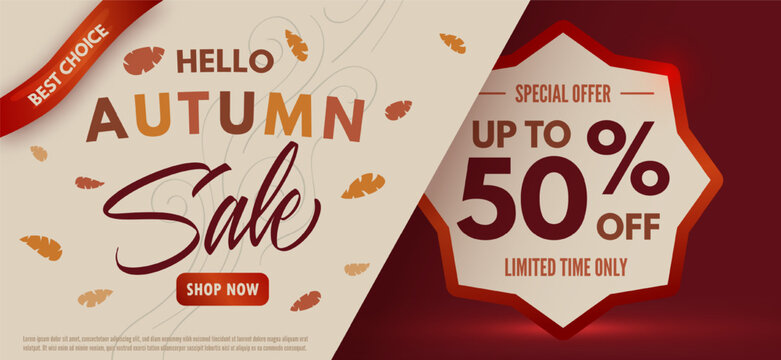 Autumn sale web banner, promotion poster. Red flyer, with decorative fallen leaves. Vector template, marketing leaflet.