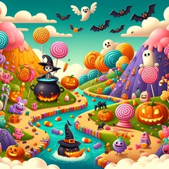 Naklejka premium Whimsical Halloween Candy Land Adventure with Cute Monsters
