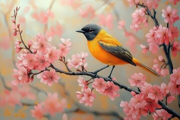 Obraz premium vibrant yellow bird perched on delicate cherry blossom branch soft pastel background exquisite detail japaneseinspired art style
