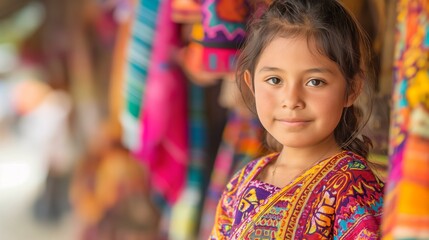 Fototapeta premium A young girl in traditional attire stands in a colorful marketplace, highlighting cultural vibrancy and the joyful atmosphere of her surroundings.