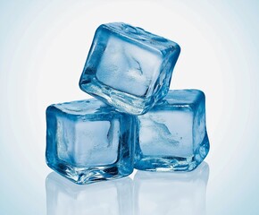 Obraz premium Crystal-clear ice cubes stacked together on a reflective surface with a cool blue tint, against a light gradient background. 