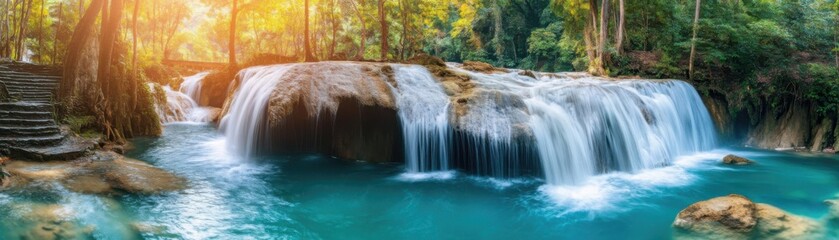 A mesmerizing waterfall cascades into a turquoise pool surrounded by lush greenery and sunlight in a tropical forest atmosphere.