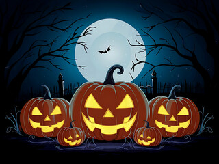 Fototapeta premium Dark night background with pumpkins forest