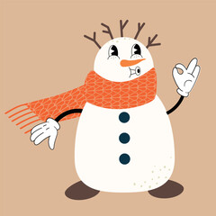 Snowman in groovy retro style. Element for Merry Christmas and Happy New year greeting card, poster, party invitation. Vector illustration