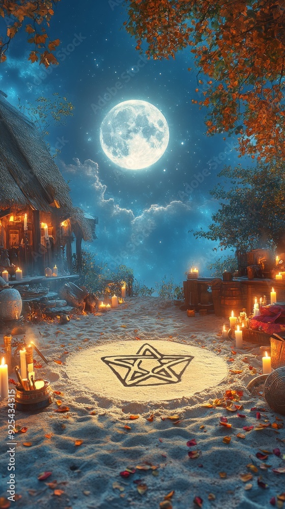 Wall mural Pentacle Moonlit Ritual Wicca, Paganism Religion Spiritual Symbol