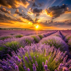 A field of lavender swaying in the wind under a golden sunset