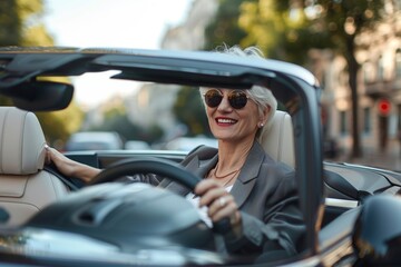 Attractive businesswoman driving cabriolet car