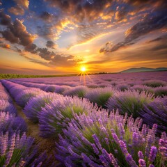 A field of lavender swaying in the wind under a golden sunset