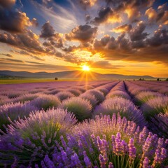 A field of lavender swaying in the wind under a golden sunset