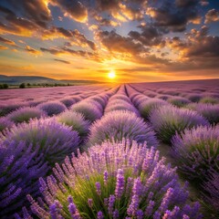 A field of lavender swaying in the wind under a golden sunset