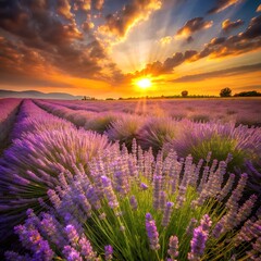 A field of lavender swaying in the wind under a golden sunset