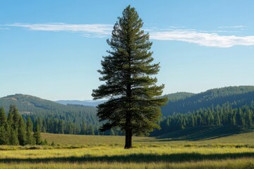 A single, tall tree stands alone in an open, sunlit meadow surrounded by wooded hills under a clear blue sky.