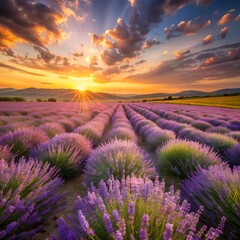 A field of lavender swaying in the wind under a golden sunset