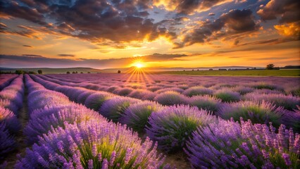 A field of lavender swaying in the wind under a golden sunset