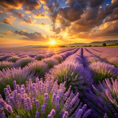 A field of lavender swaying in the wind under a golden sunset