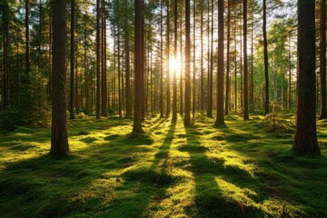 Obraz premium Sunlight streaming through tall trees in a lush green forest.