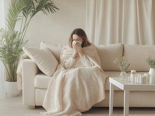 A woman sitting on a couch wrapped in a blanket, holding a tissue to her nose, indicating sickness and a need for rest in a home environment.