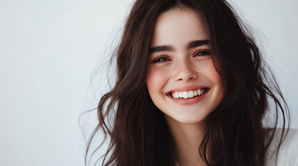 Fototapeta premium Close-up portrait of a young woman with dark hair and freckles, smiling warmly against a soft white background, highlighting her natural beauty and joyful expression.