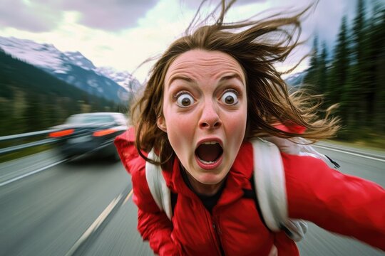 Surprised Hiker on Mountain Road