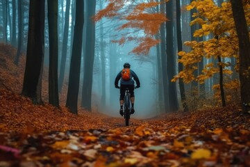 Fototapeta premium A cyclist rides through a misty autumn forest with vibrant orange leaves and tall trees, creating a serene atmosphere.
