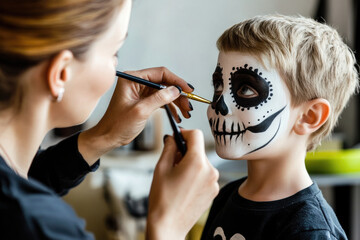 Child Getting Face Painted as Skeleton for Halloween