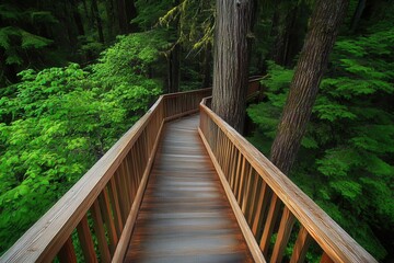 Fototapeta premium A wooden pathway winds through a dense, lush green forest, surrounded by tall trees.