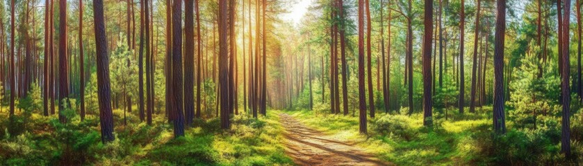 Fototapeta premium A sunlit path winds through a dense forest with tall trees and lush greenery, creating a serene natural atmosphere.
