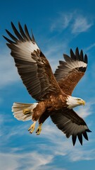 Obraz premium Round Winged Eagle Flying on Blue Sky Background, Photo Realistic, Pattern Background, Wallpaper, Cover and Screen for Smartphone, Cell Phone, Computer, Laptop
