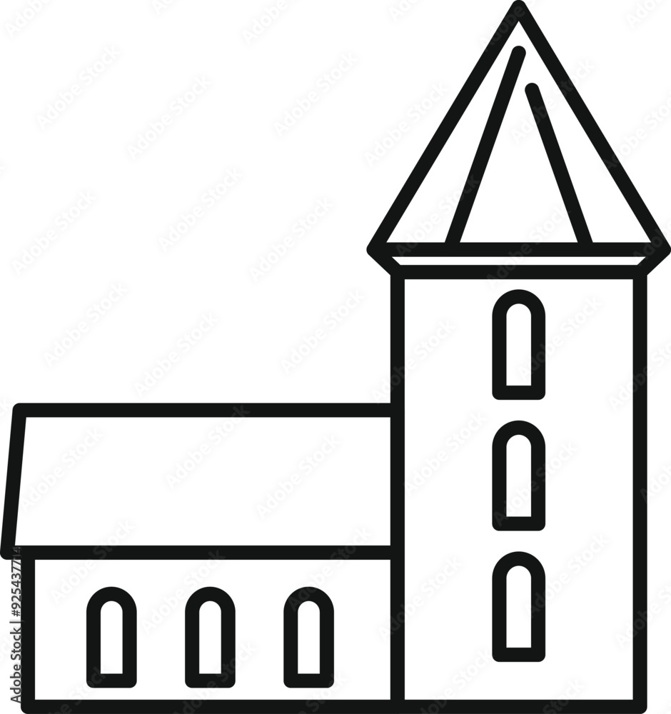 Sticker Simple line drawing of a small medieval church with a spire tower