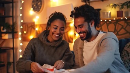 Cheerful couple unwraps a parcel box in their cozy living room, smiling with excitement as they uncover their delivered items, showcasing the convenience and joy of online shopping.